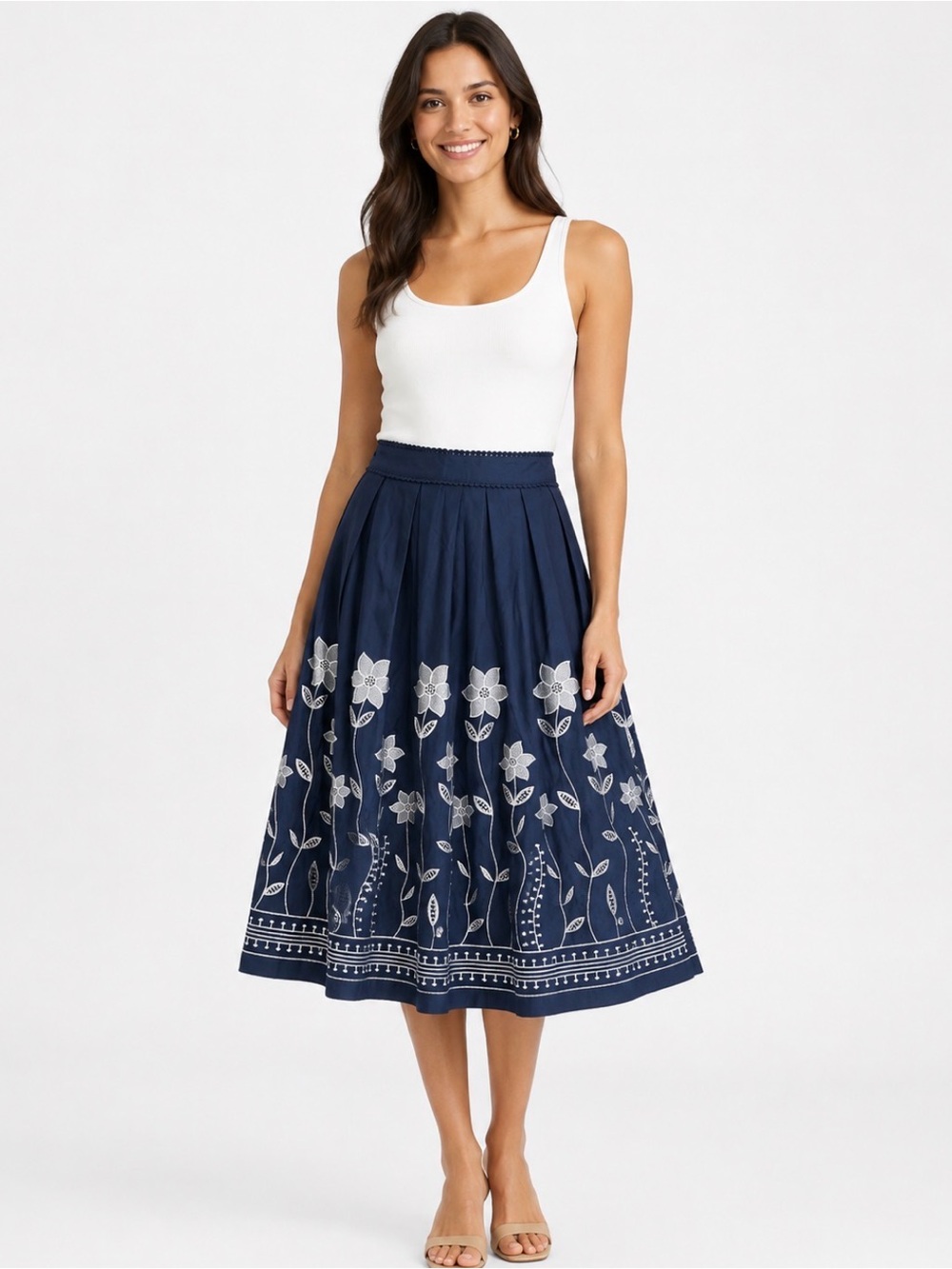 Avec Les Filles Navy Embroidered Floral Pleated Midi Skirt Size S NWT